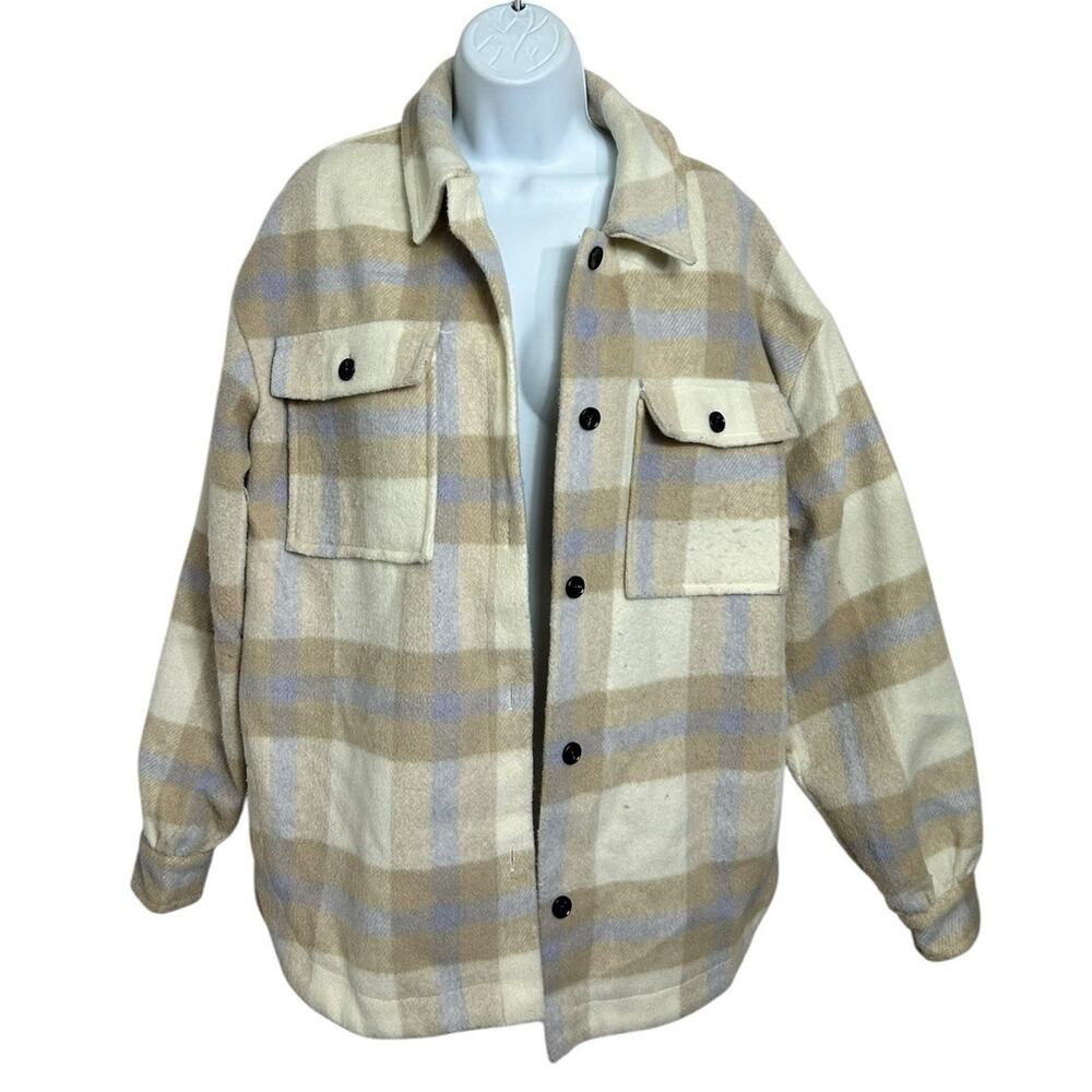 Vestique Plaid Shacket Sz M Thick Button Front Pocket Jacket Cream Tan Oversized - Picture 7 of 7
